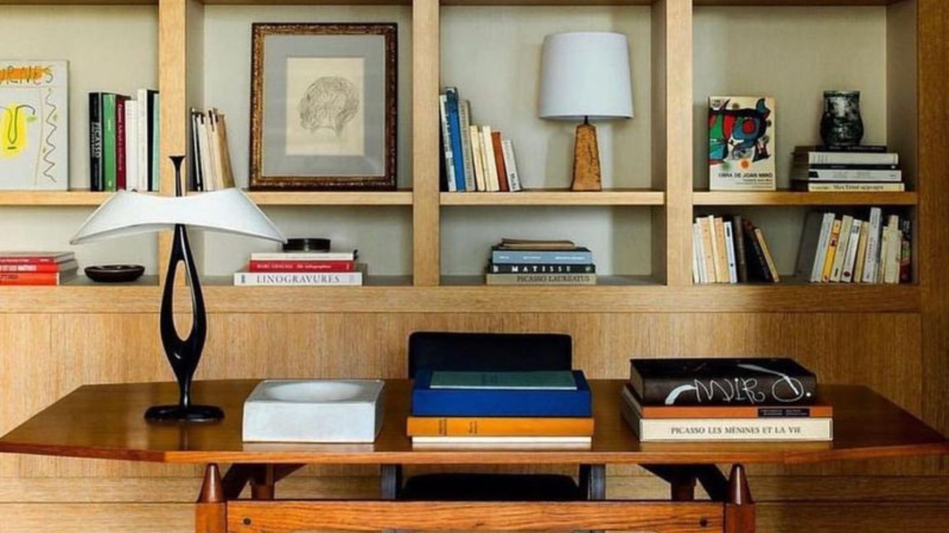 bookshelf and a brown table