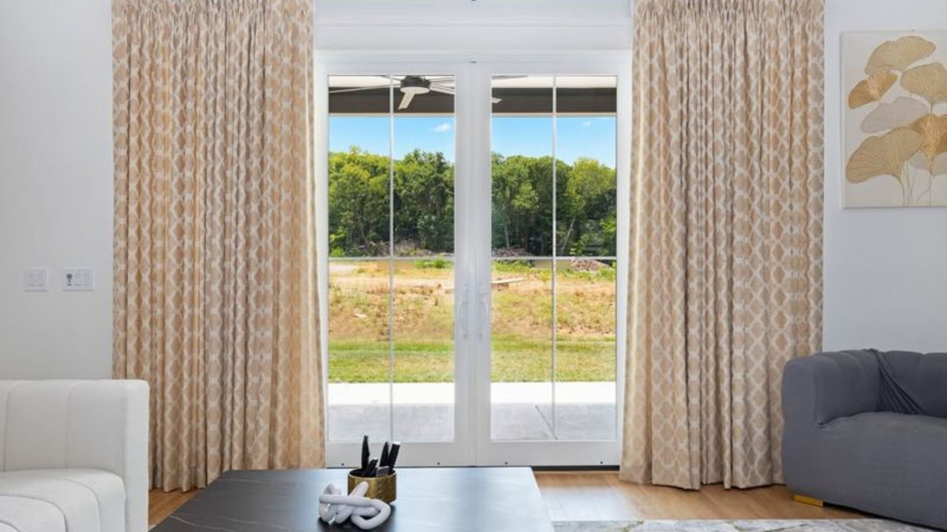 sliding doors with patterned curtains