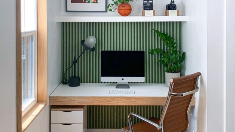 home office with agreen wall