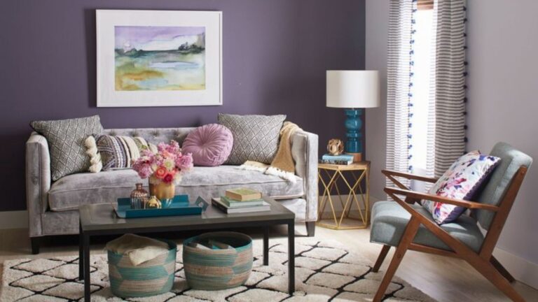 plum purple and gray living room