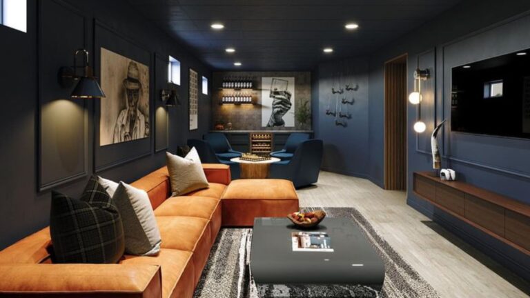 lounge room with an orange couch