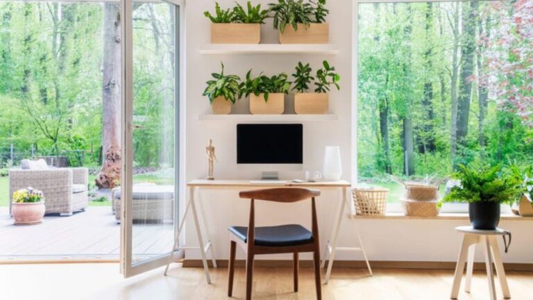 home office with floor to ceiling windows