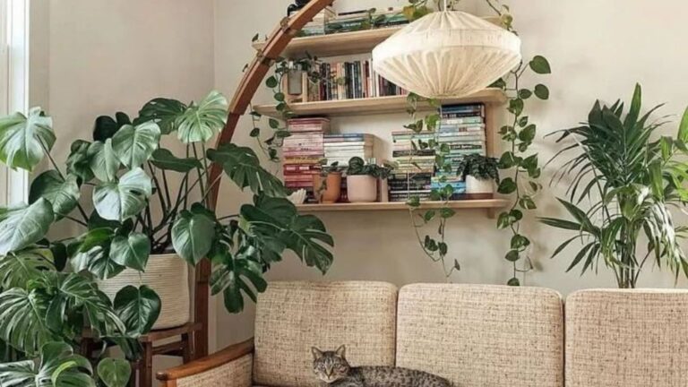 living room with an arched lamp and shelf with books