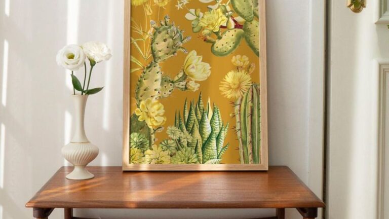 side table with a botanical print and flowers
