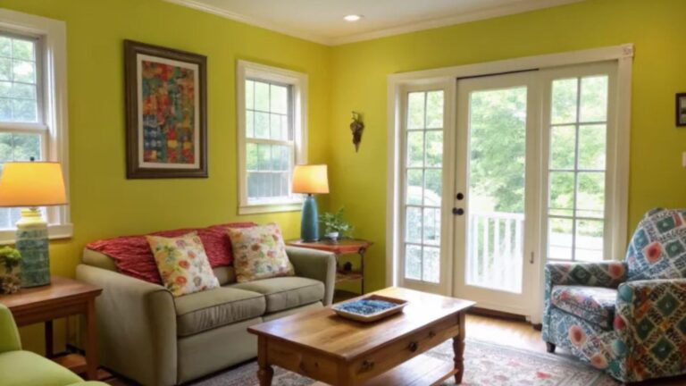 lime yellow living room with glass doors, wooden table in the middle surrounded by vintage furniture