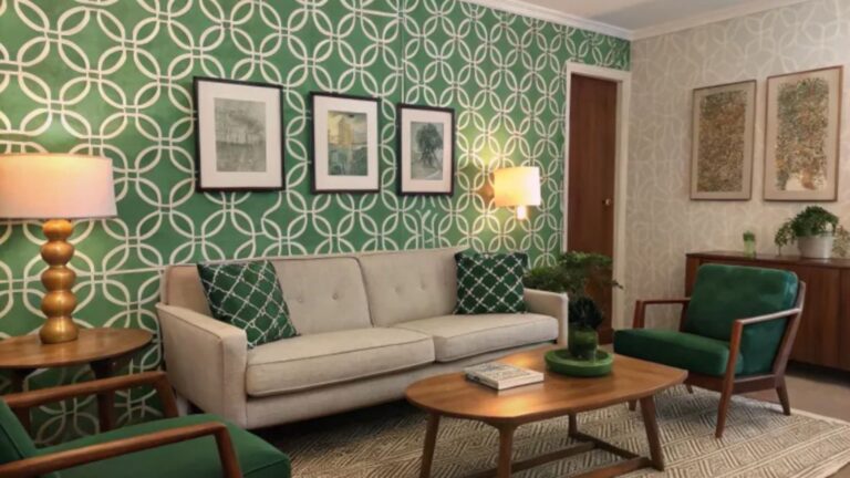living room with a bold geometric patterned green wall, green chairs, brown table, midcentury modern furniture