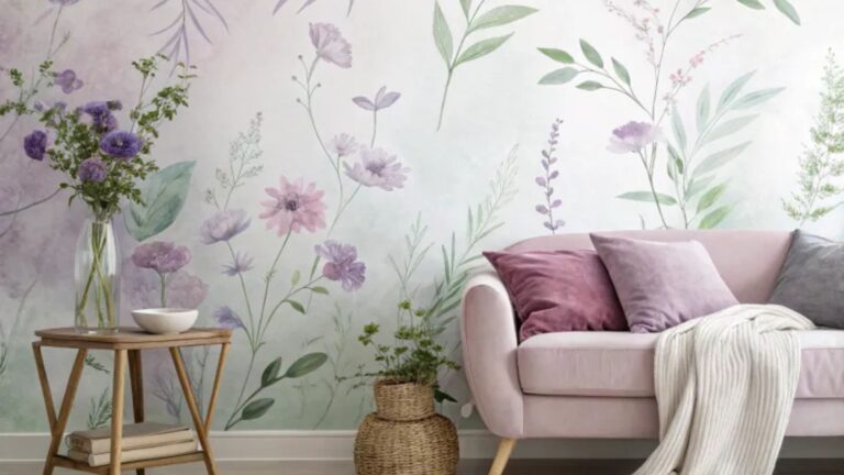 living room with a floral wallpaper