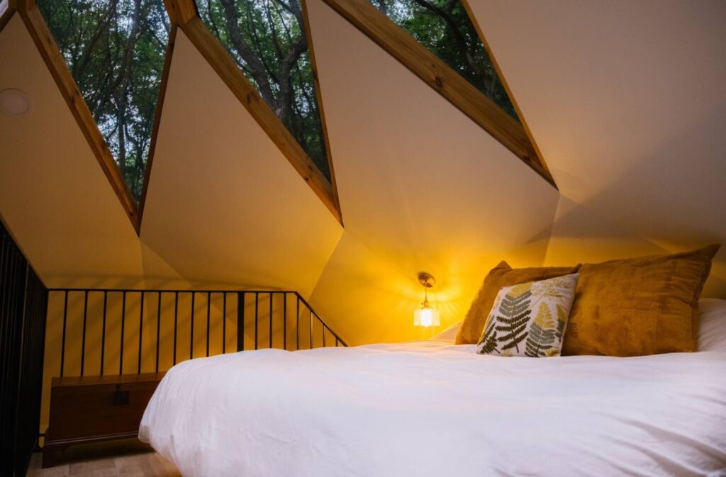 Cozy bedroom with a skylight and full-sized bed