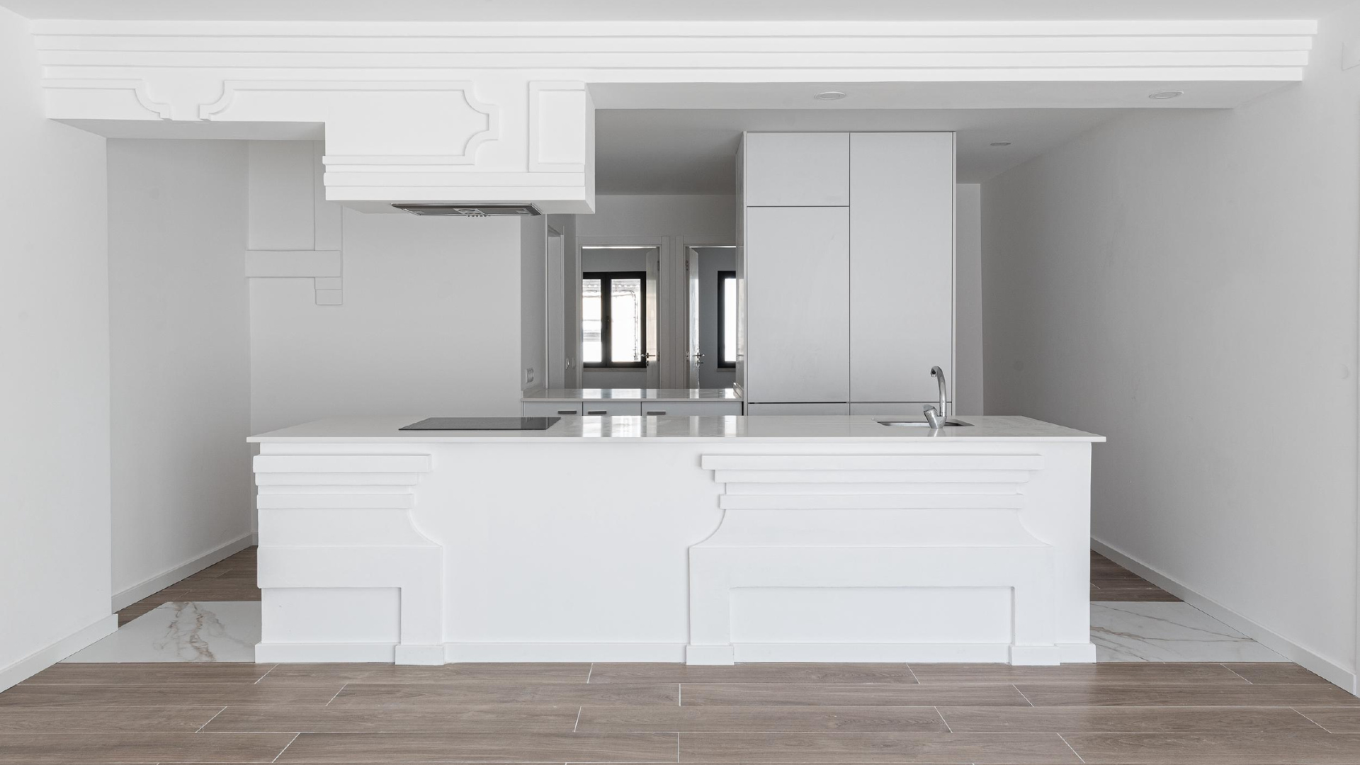 fake architectural details on the kitchen counter