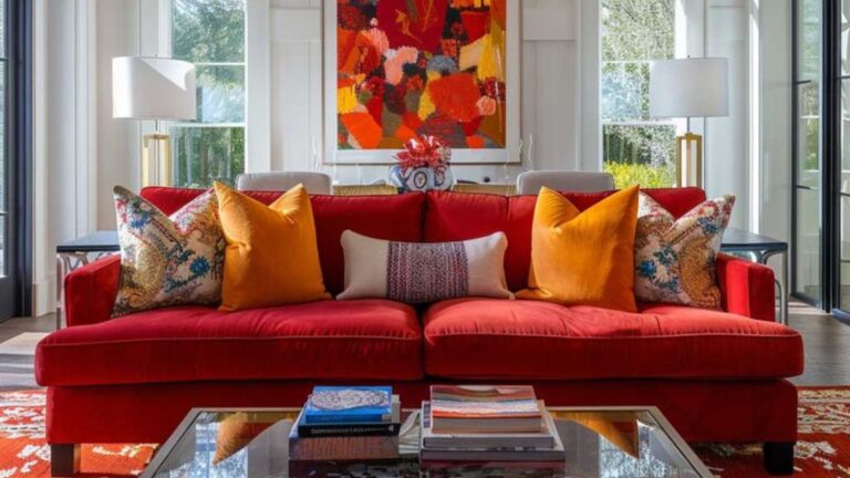 living room with a red couch and a bold artwork