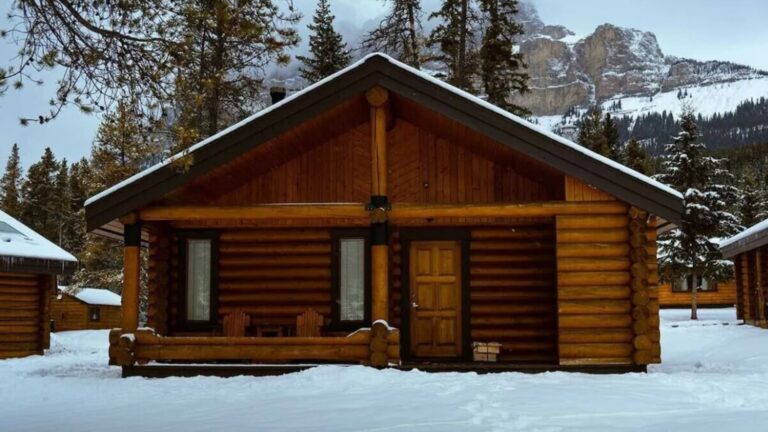 exterior of a wooden cabin covered in snow