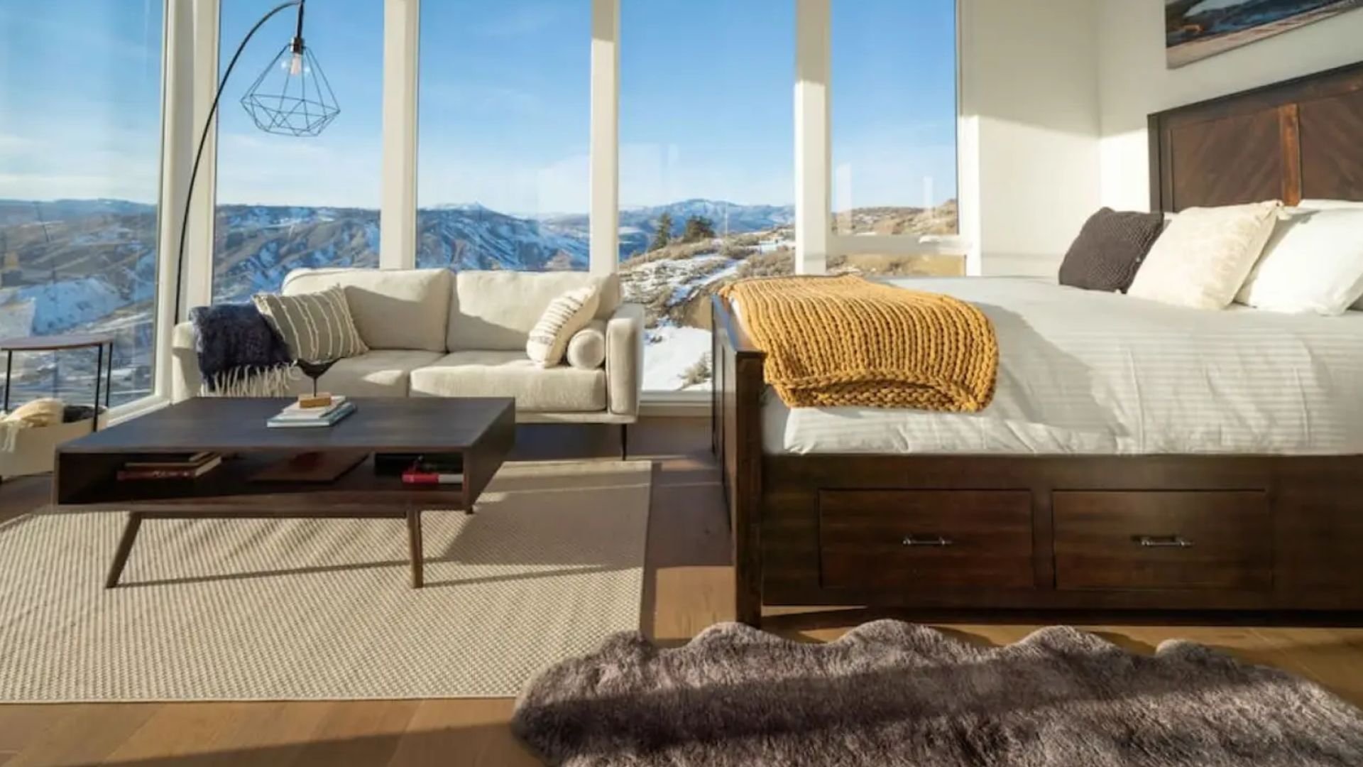 bedroom and living room with a lovely view of the mountains