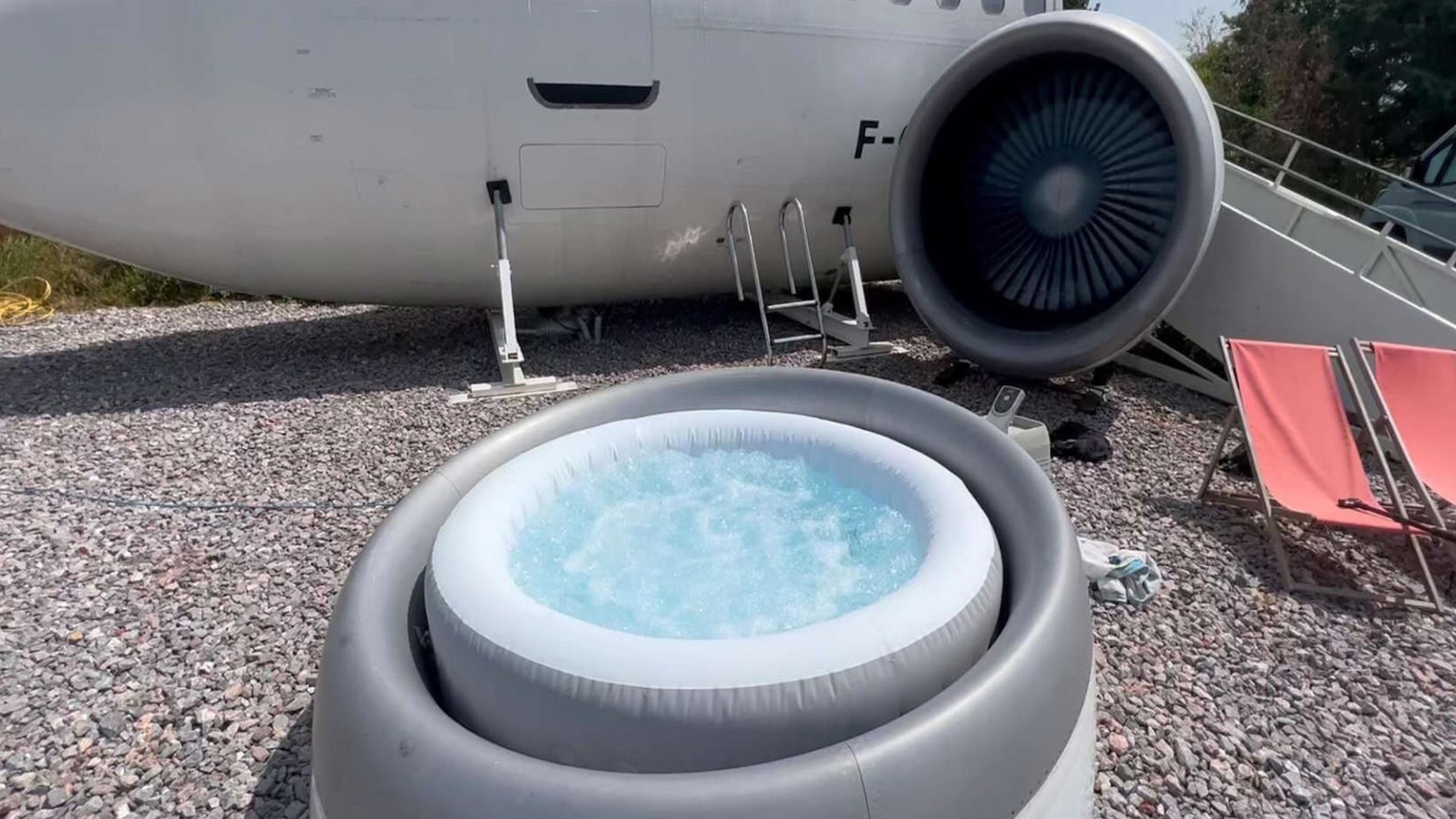 hot tub inside a jet engine hood