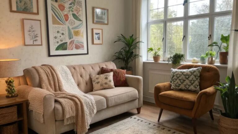 living room with art on the walls