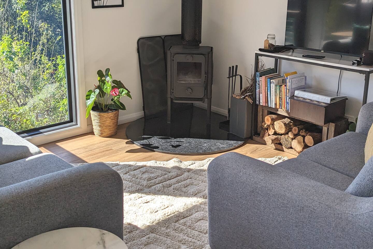 living room with a tiny fireplace, flat screen tv, wood logs below the tv, potted plant next to the tv