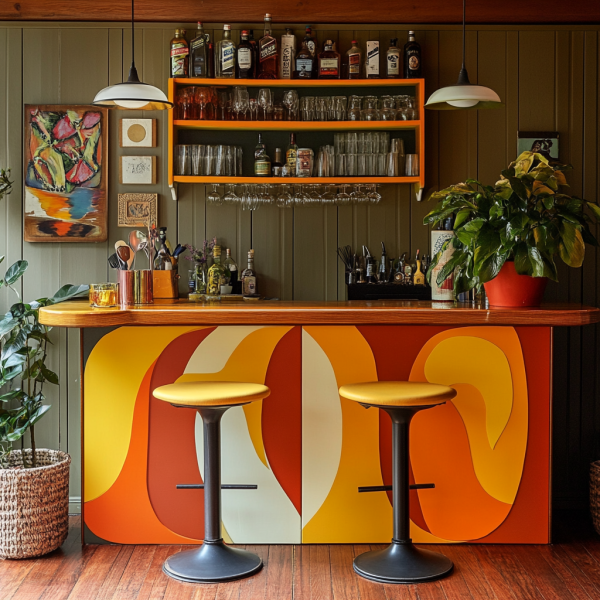 70's retro home bar with vibrant colors