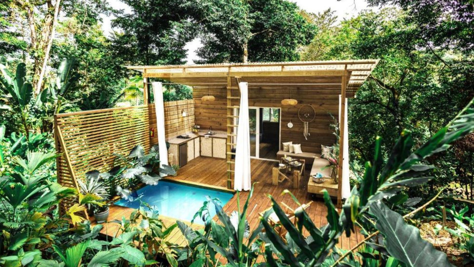 tiny house in the jungle with a pool