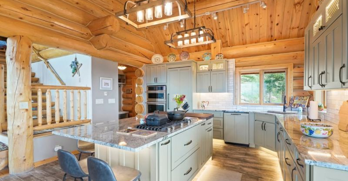 log cabin with gray cabinets