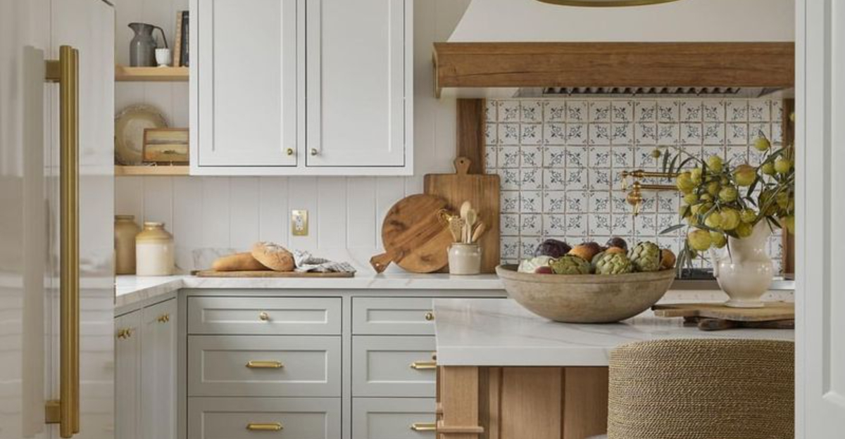 parisian kitchen with white cabinets and wooden accents