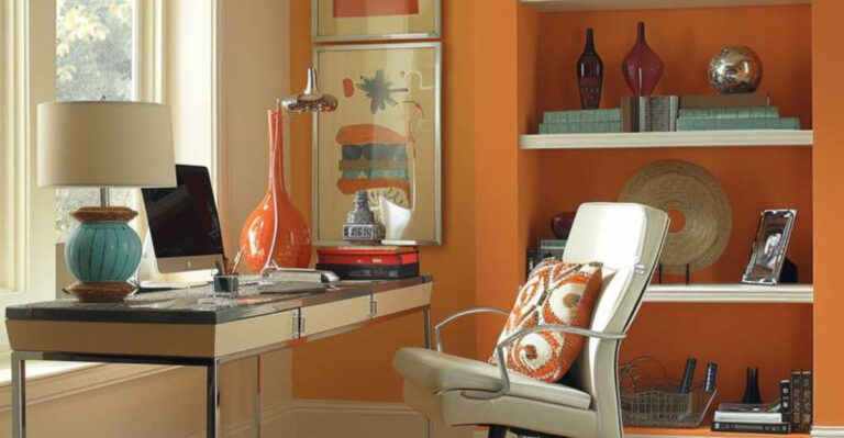 home office with orange walls