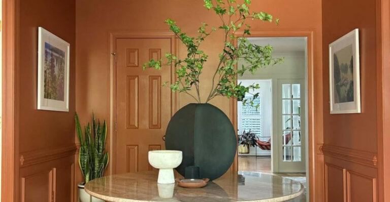 mid century modern hallway with a terracotta tango paint color