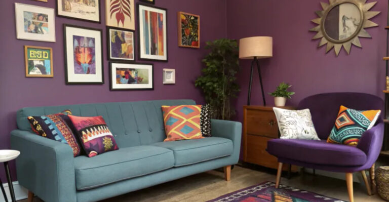 living room with purple walls and colorful artwork and furniture