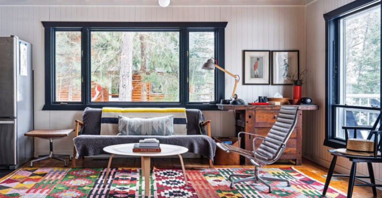 maximalist living room with a mix of mid-century modern and rustic furniture
