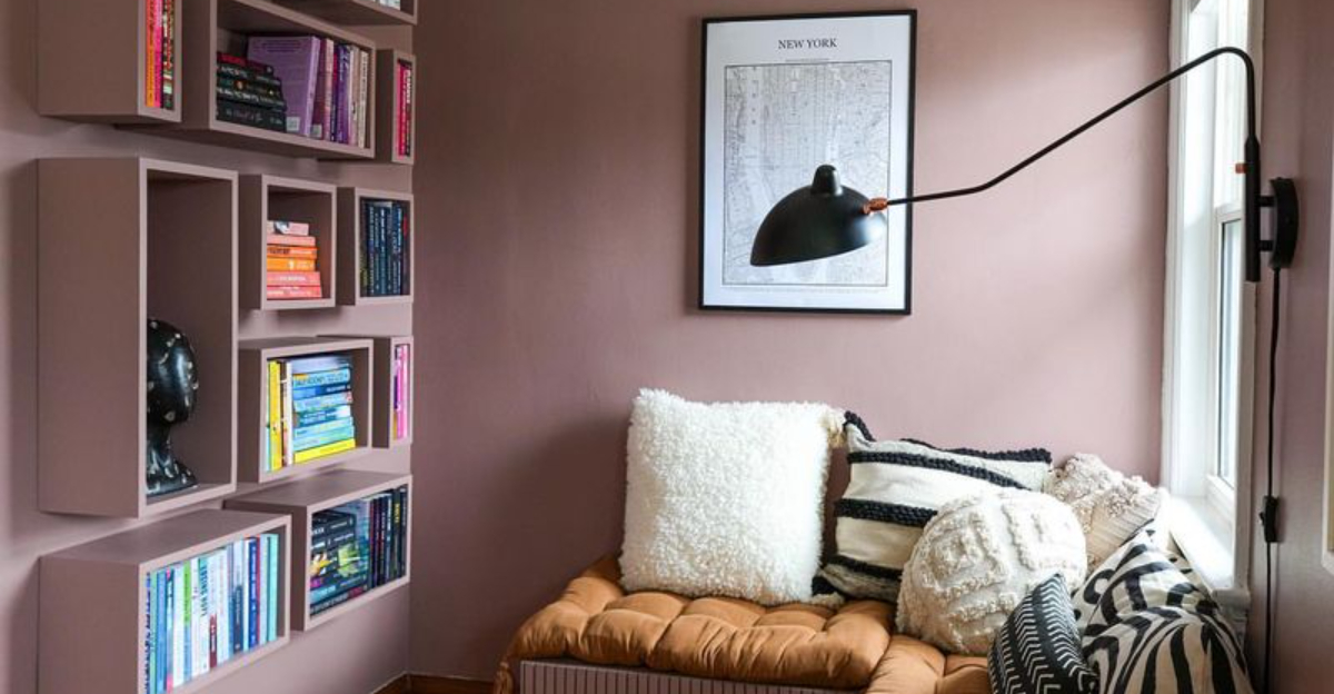 corner of a living room with a cozy seating area and shelves with books