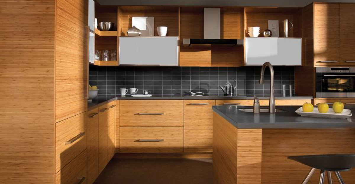 kitchen with black tiles and wooden cabinets