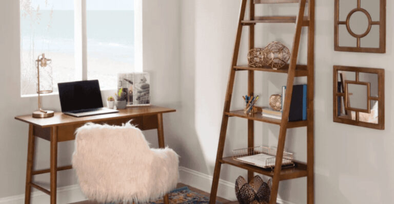 home office with a target brown bookshelf and a brown desk with a white chair