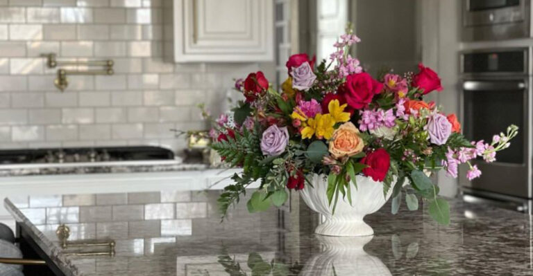 flowers on a kitchen island