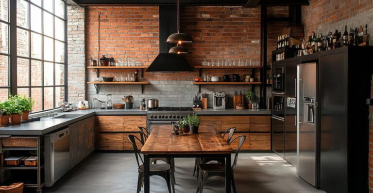 industrial kitchen with a brick wall, big windows, open shelving and high ceiling