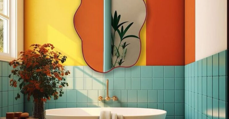 retro bathroom with orange, teal and yellow walls