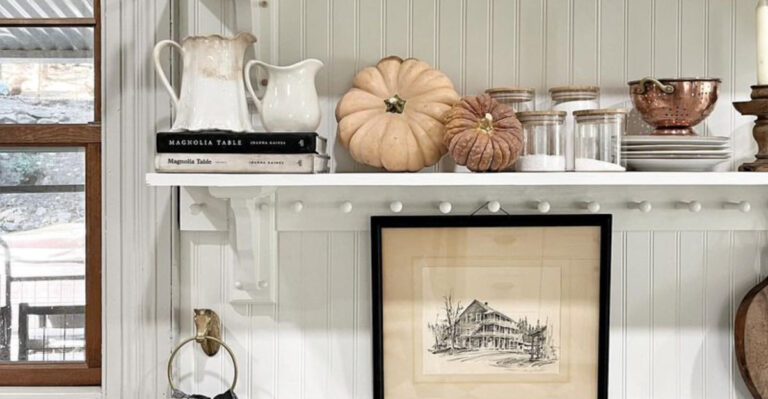 white floating shelves in a farmhouse