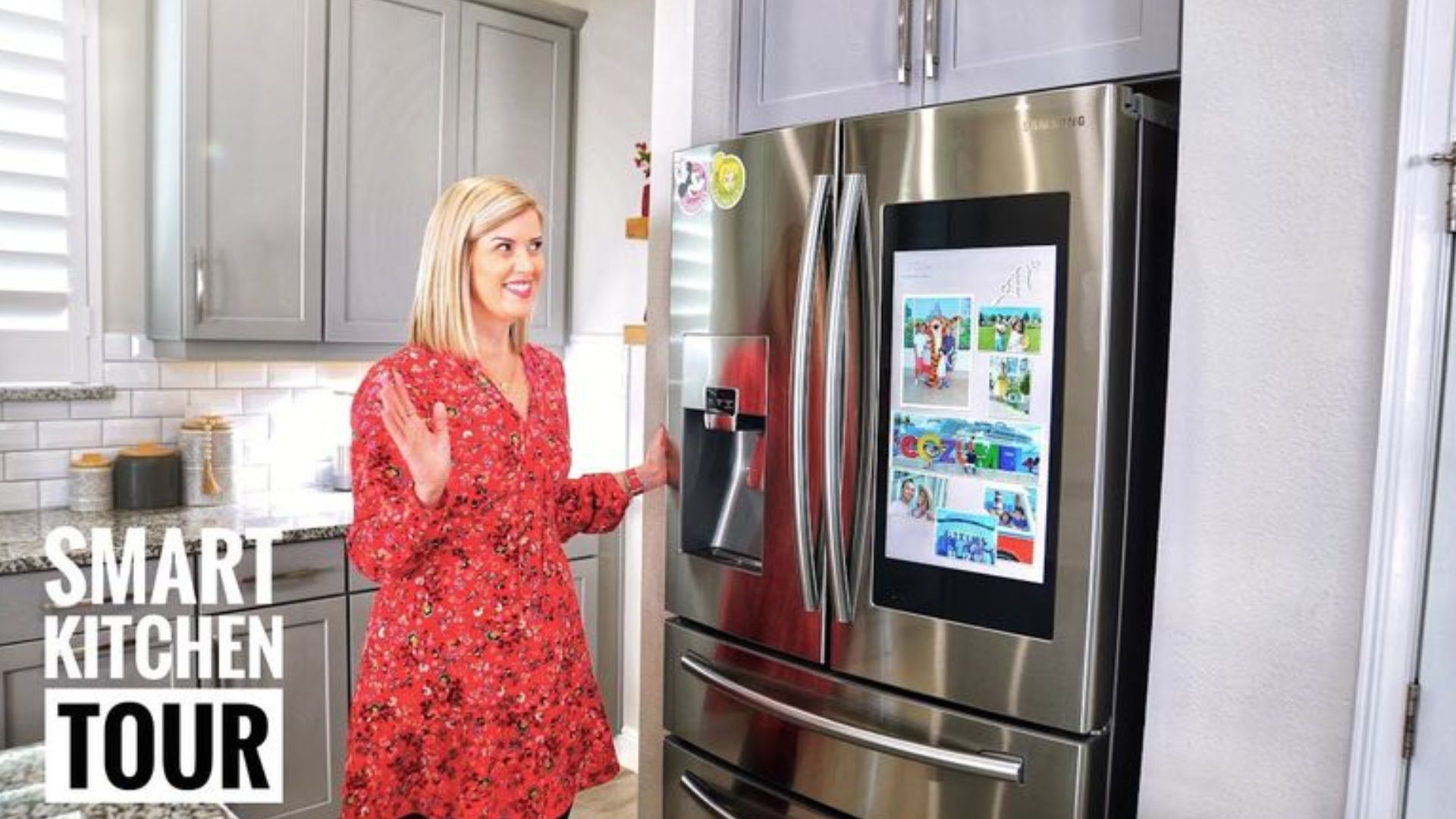 woman next to a smart fridge