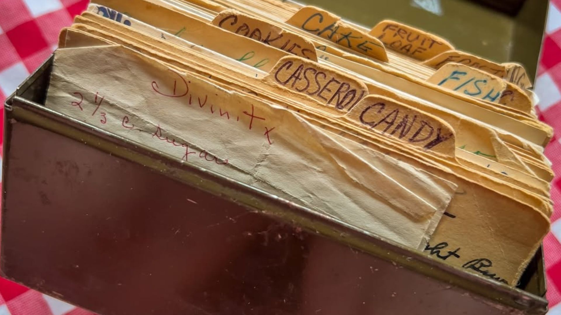 box filled with handwritten recipes