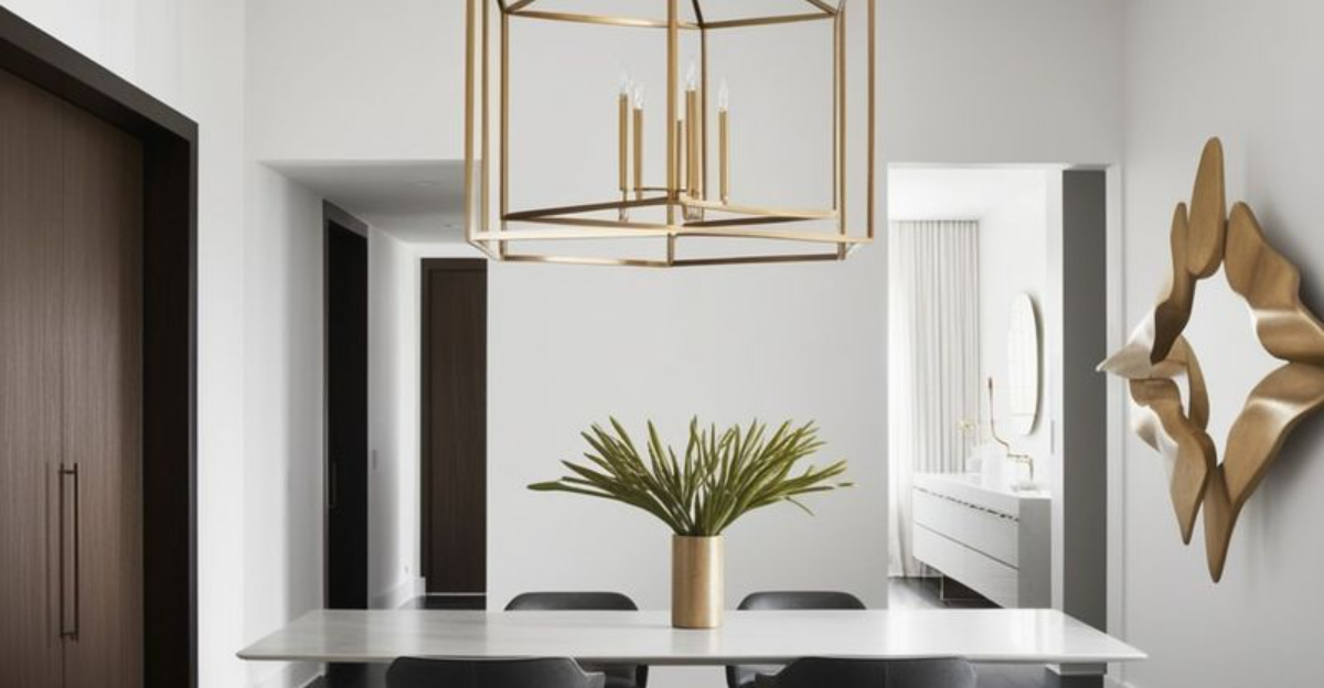 dining room with a statement chandelier, unique mirror and a plant on the table