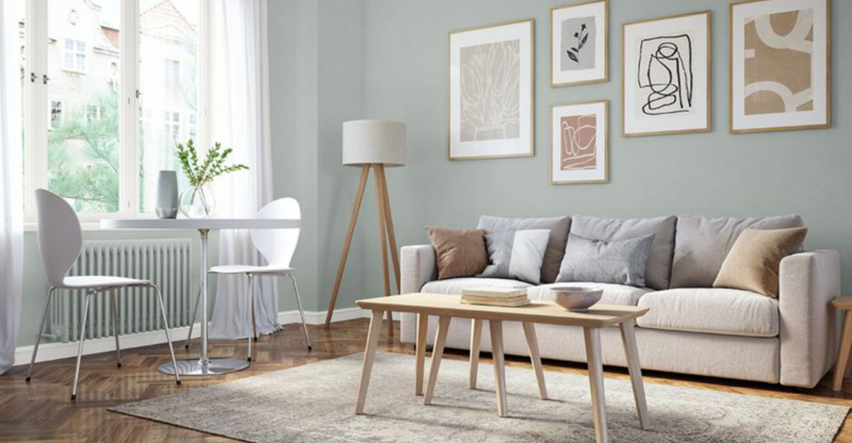 living room with a gray couch, brown table, white table next to the window, minimalist art