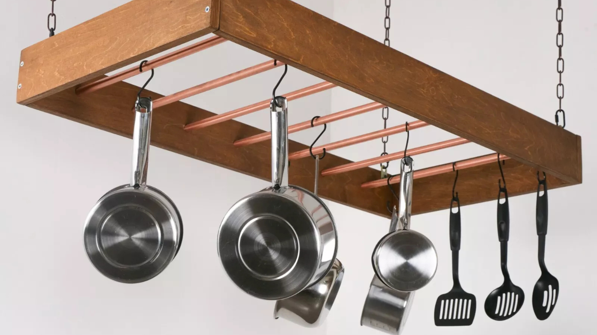 ceiling mounted pot racks in the kitchen