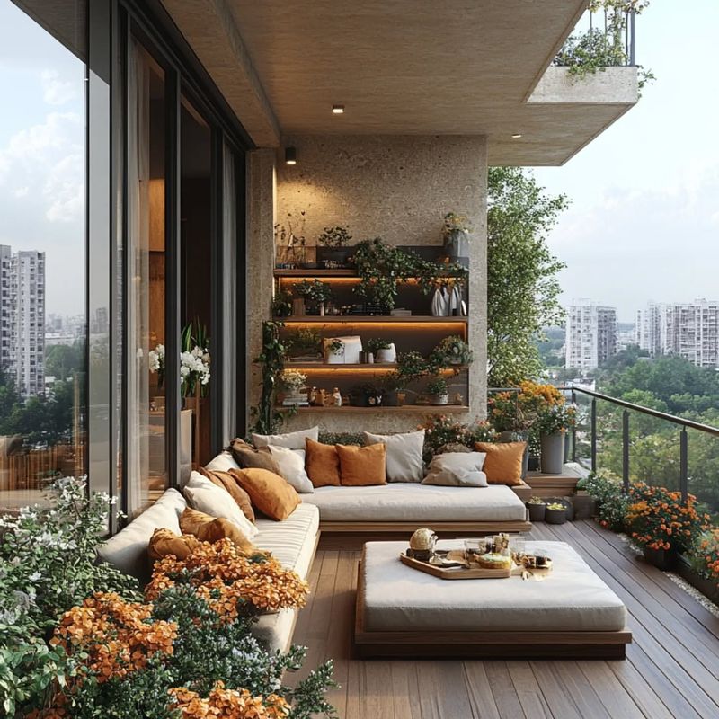 Romantic Balcony with Earth-Tone Furnishings