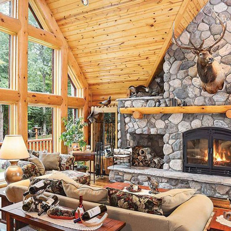 Rustic Living Room with Stone Fireplace