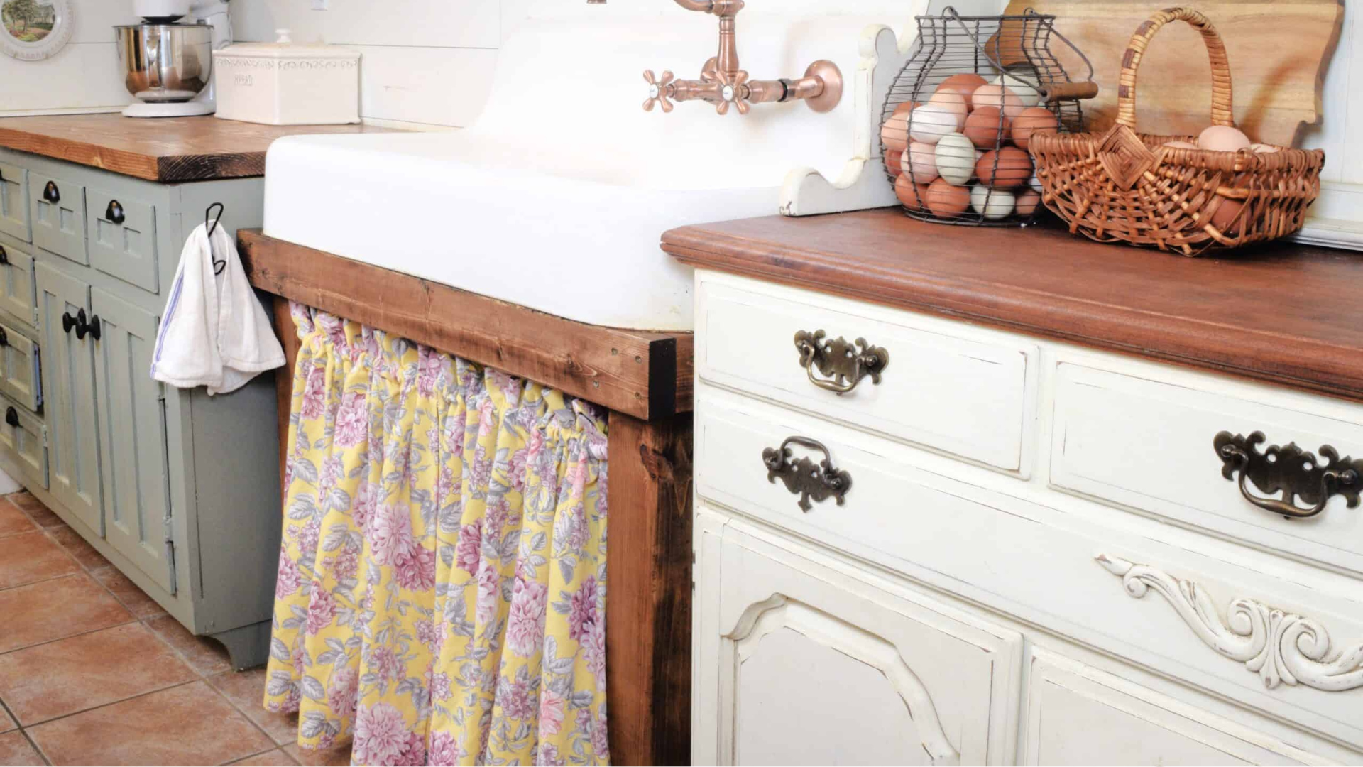 skirted sink in the vintage kitchen