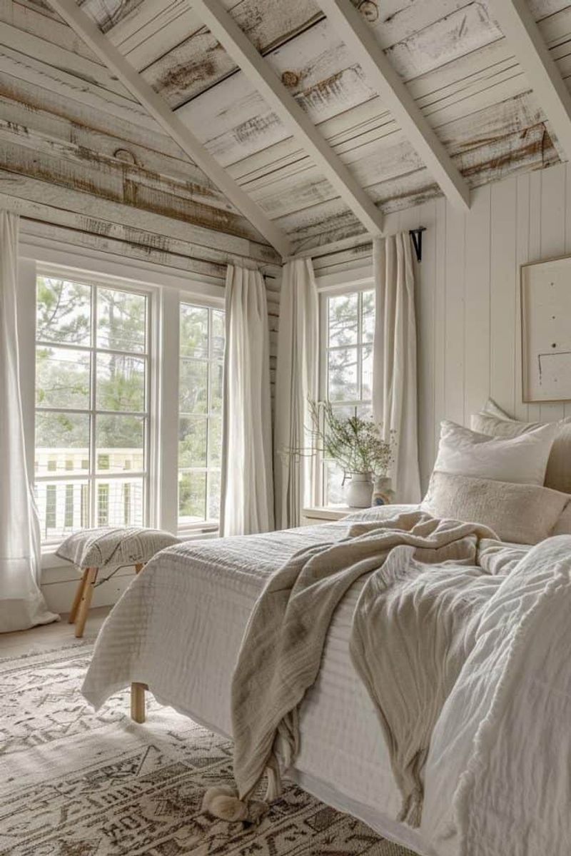 Whitewashed Wooden Beams Paired with a Neutral Bed