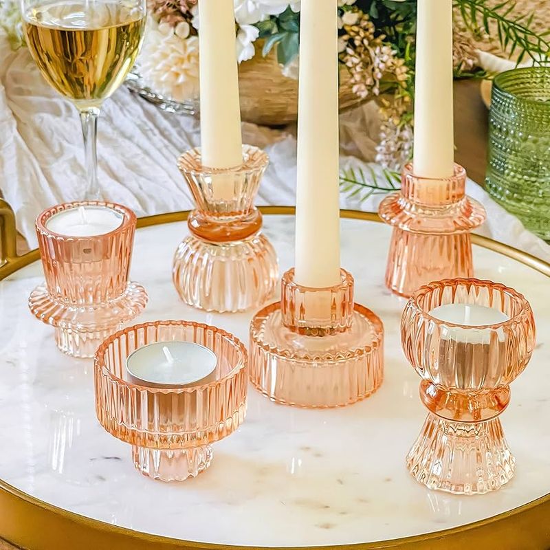 Kate Aspen Vintage Ribbed Rose Gold Pink Glass Candlestick Holders – $16