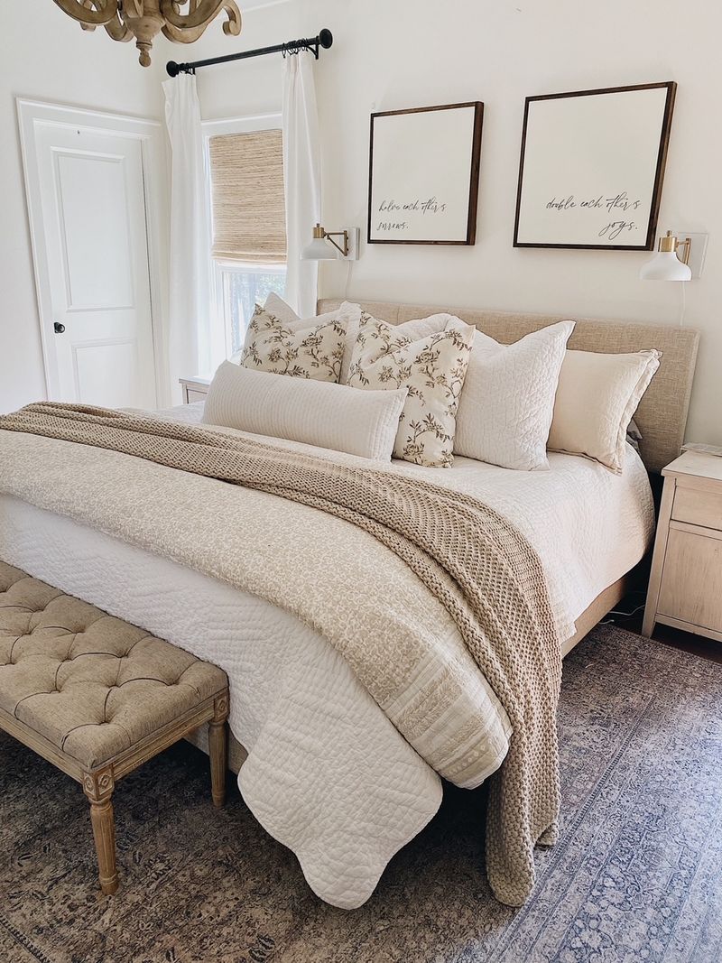 Elegant Cream Bed Linens Paired with Wooden Accents