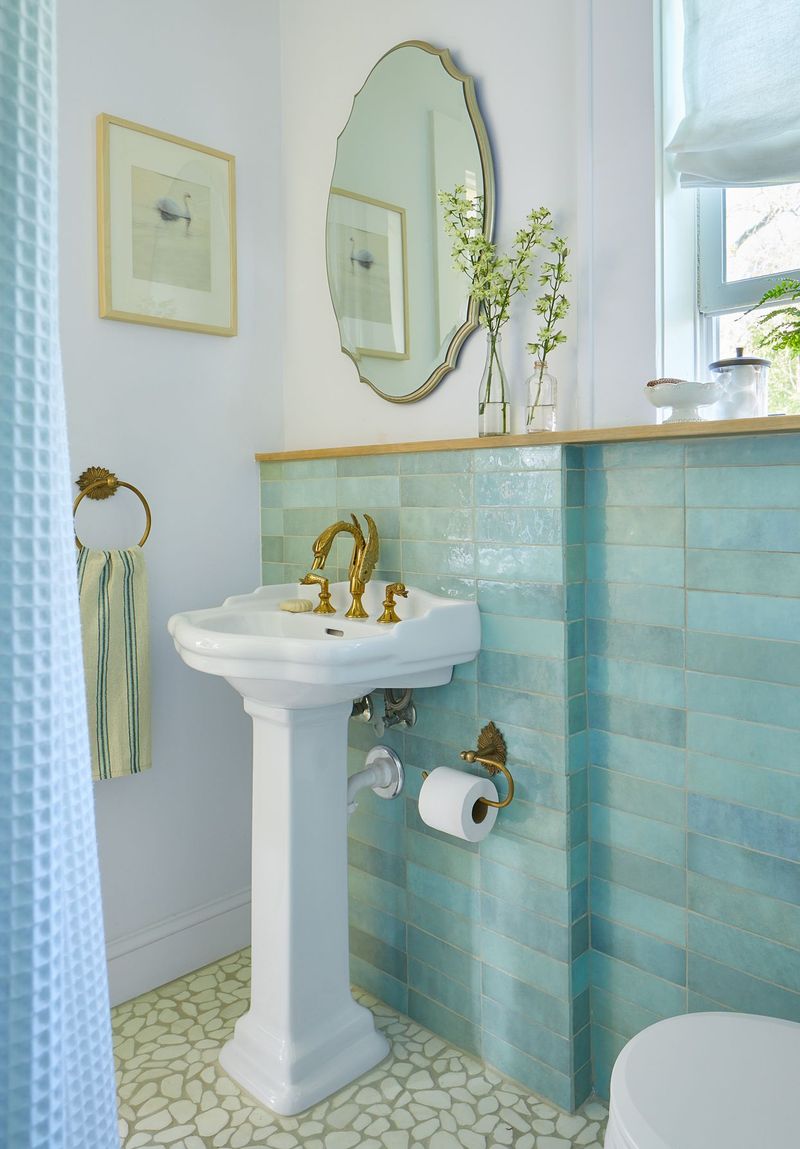 Turquoise And Mustard Bathroom