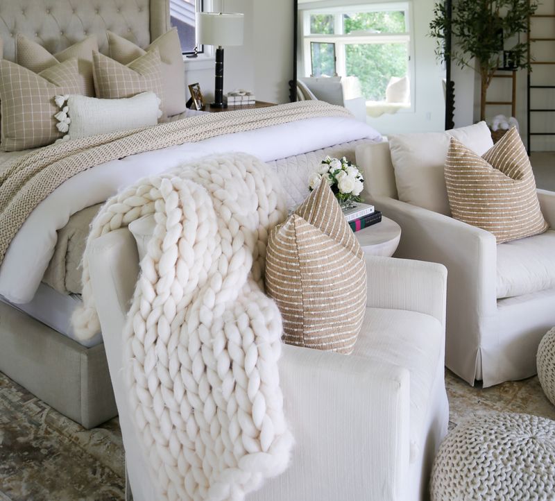 Neutral Cushions and Pillows in a Light, Rustic Room