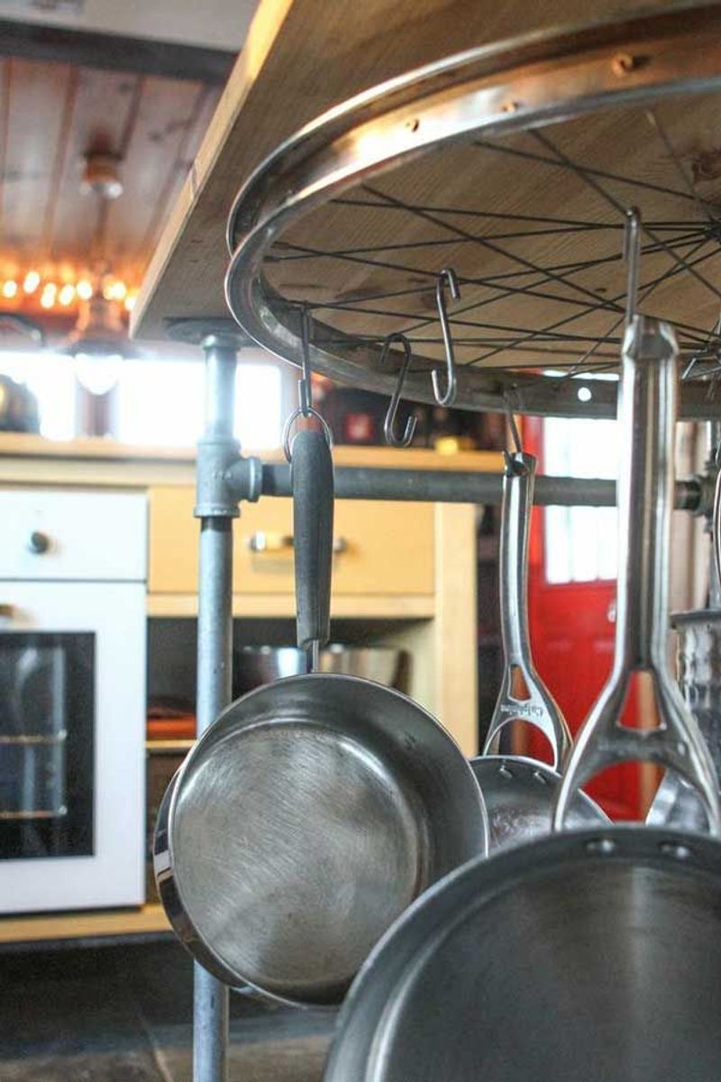 Hang Pots from Ceiling-Mounted Bike Hooks