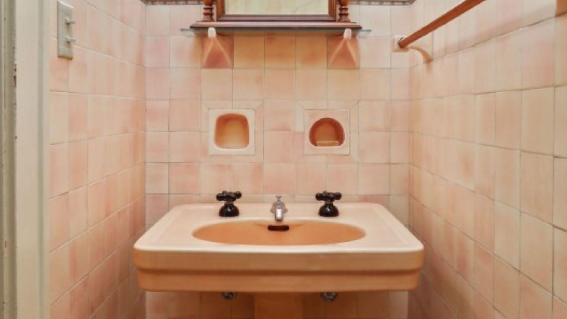 blush peach old bathroom pedestal sink