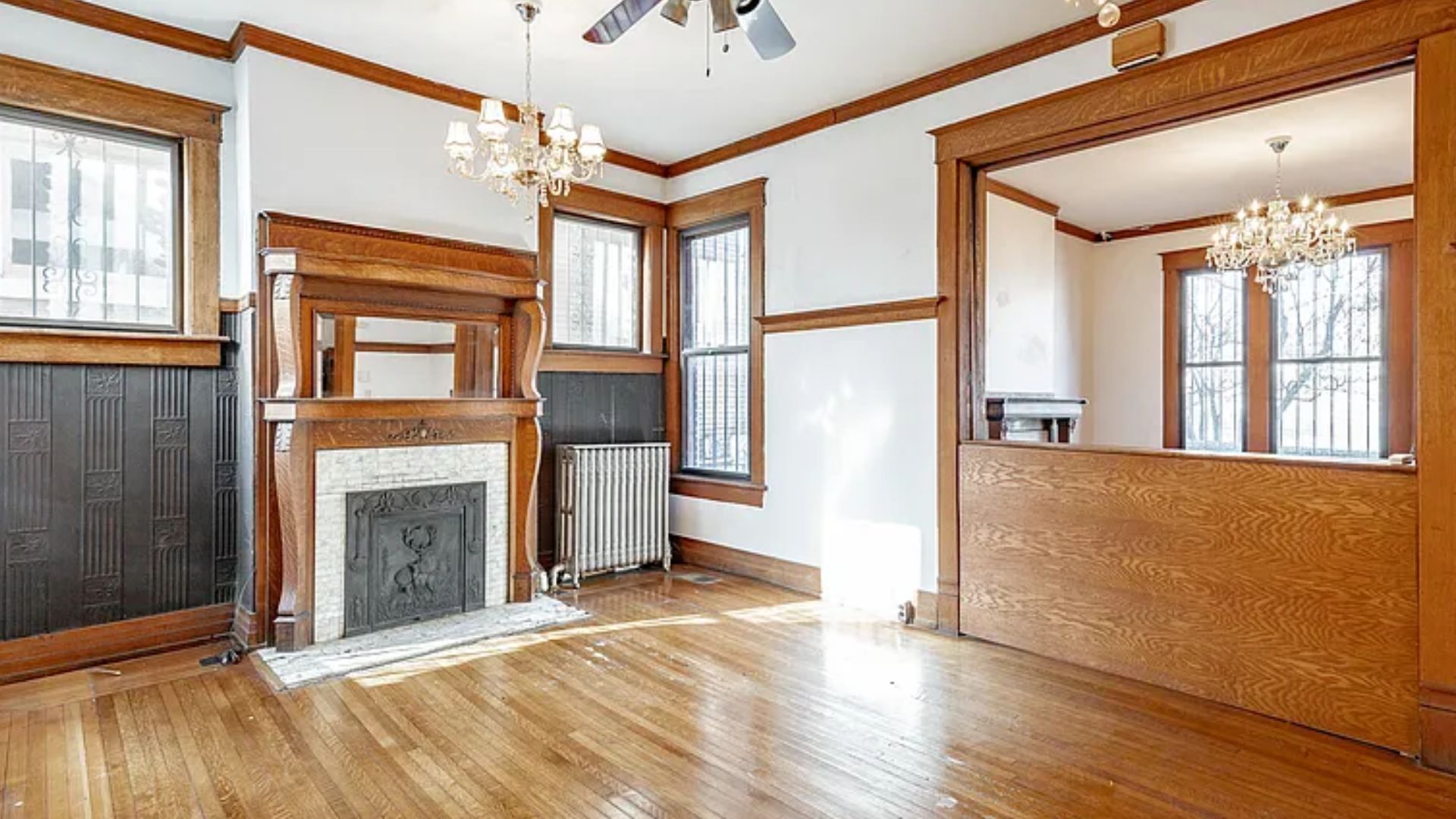 dining room with fireplace in a victorican home